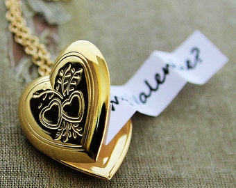 Secret Message Heart Locket - Shiny Gold Embossed Edition - Customized with your personal message for the one you love