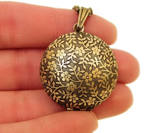 Forget Me Not - Flower Pattern Domed Sphere Round Locket Necklace