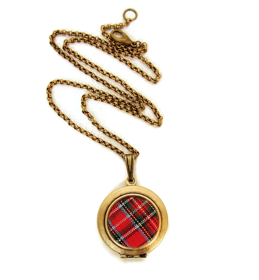 Cloth Locket Plaid Tartan Locket - Vintage Red Plaid Scottish Fabric Locket Necklace ...