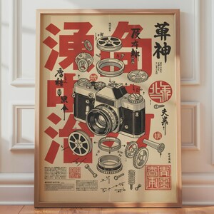 May include: A framed poster featuring a technical illustration of a camera with exploded view components including gears, rings, and screws. The design uses a cream background with bold red and black Japanese text and graphic elements throughout.