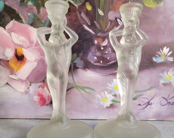 Art Nouveau Pair of Candle Sticks - One Arm Tall Candle Holders,  Female Figurine Frosted Glass Single Taper Candle Sticks, Woman Statue