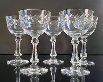 Cambridge Crystal Cordial Glasses - Set of 5 - Vintage Etched Liquor Glasses Crystal Cut Laurel Leaf Etched Pattern Stemware