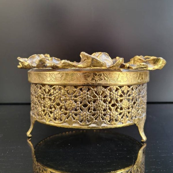 Vintage Jewerly Box - Gilt Gold Filigree Rose Vanity Round Footed Box