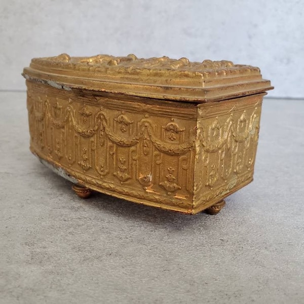 Antique Footed Jewelry Box - AS IS - J.B. Gold Metal Jewelry Ring Case with Red Velvet Interior, JB 2694