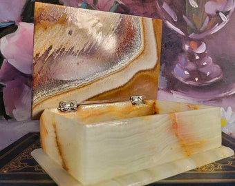 vintage Onyx Box - Boîte avec couvercle, boîte à bijoux en pierre beige clair