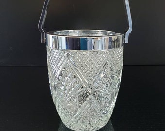 Glass Ice Bucket - Vintage Ice Bucket with Handle, Ornate Vase, Vintage Barware, Pressed Glass