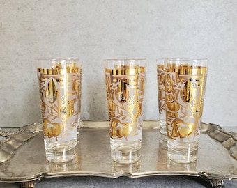 Vintage Mid-Century Gold Highball Glasses -SET of 6-  Gold Leaf 22K Water High Ball Glasses, White Frosted Glass, Libbey Golden Foliage