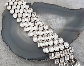 Weiss Rhinestone Bracelet  - Vintage Bridal Jewelry, Wide Diamante Bracelet, Emerald Cut Clear Crystals,  1950's Jewelry, 5 Rows Bracelet