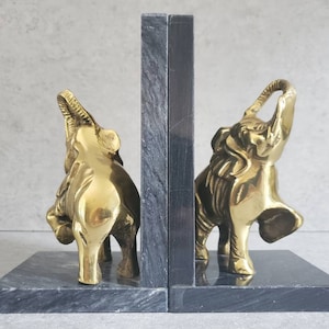 Vintage Black Marble Bookends with Brass Elephants-  Midcentury Modern Carved Stone Bookends, MCM Large Black Marble Shelf Decor