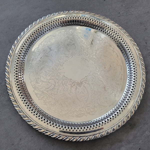 Drinks Round Serving Tray - Vintage Pierced Border Silverplated Platter, Ornate Oneida Tray, Wedding Buffet Dessert Table Decor