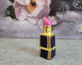 Vintage Lipstick Trinket Box - Small Ceramic Box, Pink, Blue, Gold-Tone Metal Rim with Bow Decorative Figurine