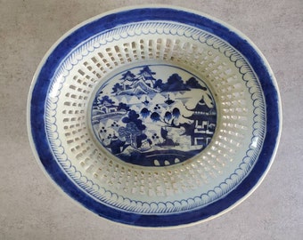 Antique Chinese Canton Fruit Basket, 19th Century Porcelain Reticulated Bowl, Blue & White Chinoiserie Bowl, Landscape Pagoda China Bowl