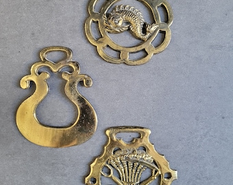 Vintage English Horse Brass Medallion -  Wheat, Fish, Scroll Medal Designs, Antique Horse Harness Ornaments