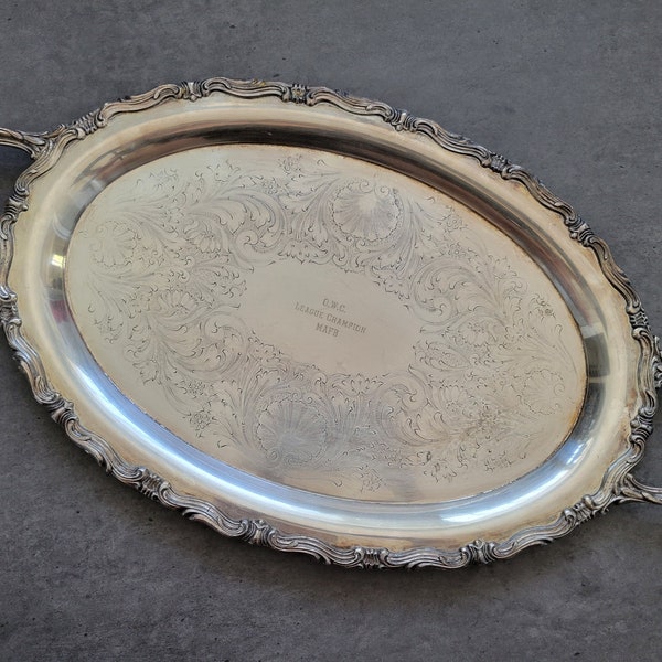 Vintage Oval Serving Tray - Ornate Silver Plated Tray with Handles, Silverplated Tray, Ornate Engraved Platter