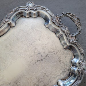 Large Serving Tray - RARE! Antique Footed Silver Plated Tray with Handles, Butler Serving Silverplated Tray,  Ornate Engraved Platter