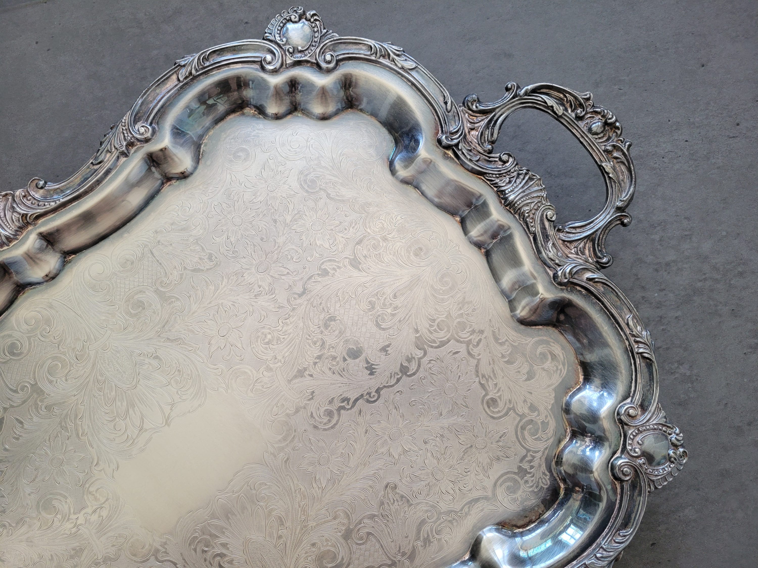 Large Serving Tray - RARE! Antique Footed Silver Plated Tray with Handles, Butler Serving Silverplated Tray,  Ornate Engraved Platter