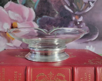 Vintage Sterling Silver Footed Bowl -  Round Glass Pedestal Dish, Jewelry Catch-All Tray, One Tier Candy Bowl