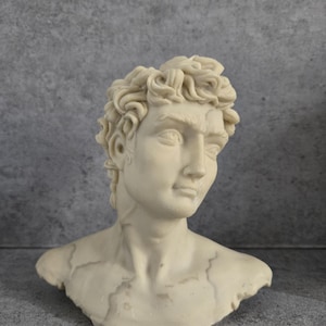 May include: A cream-colored bust of a classical male figure with detailed curly hair and a contemplative expression. The sculpture has a weathered appearance, with subtle variations in color and texture.