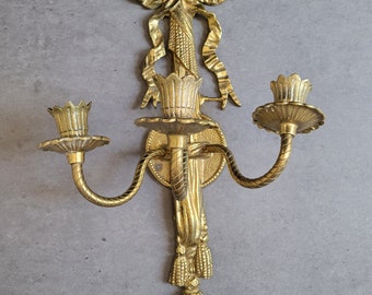 Vintage Wall Sconce, Candle Holder Bow and Tassel Design -  Three Arm Brass Decorative  Home Decor Accent, Gold Rococo Ornate Scroll Motif