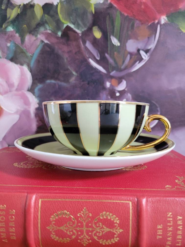 Bombay Duck Stripy Black White and Gold Tea for One Set