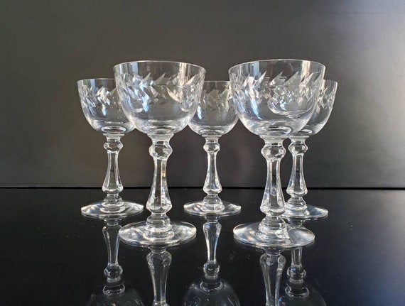 2 Vintage Clear Crystal Floral Etched Cordial Wine Glasses