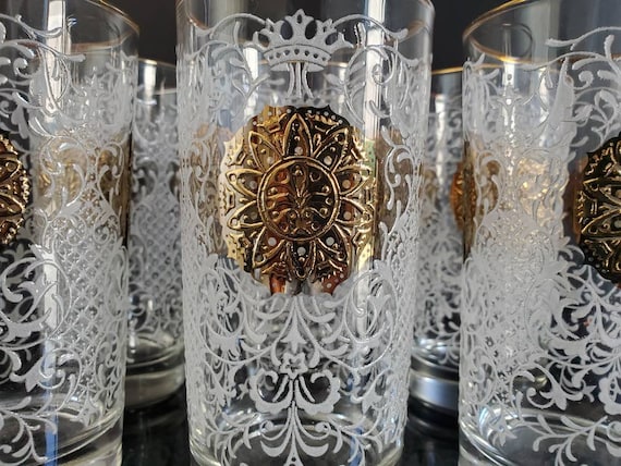 Libbey Gold Highball Glasses Set of 6 Vintage White Embossed Crest