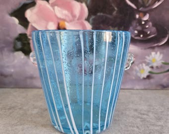 Vintage Ice Bucket - Aqua Blue Glass Bucket  Handles, Venini for Disaronno Italy