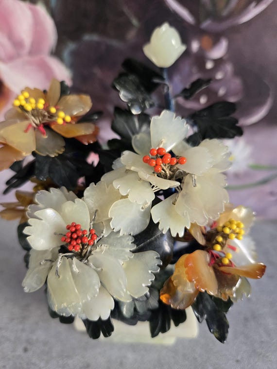 Vintage Floral Sculpture With Carved Base - Jade Flowers and