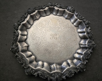 Vintage Round Ornate Tray with Monogram K - Sheridan Silver Drinks Platter, Drinks Tray, Silverplated Display Silver Plated Tray