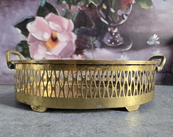 Vintage Brass Bowl with Raised Border and Handles - Oval Bowl for Trinkets, Jewelry for Vanity Table, Decorative Dish, Wedding Flat Lay Prop