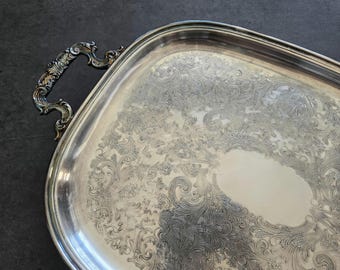 Serving Footed Tray - Vintage Silver Plated Tray with Handles, Serving Silverplated Tray, Ornate Engraved Platter