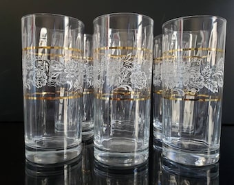Mid-Century Gold Highball Glasses -SET of 6, Vintage Tall Glasses,  White Floral Water High Ball Tumblers