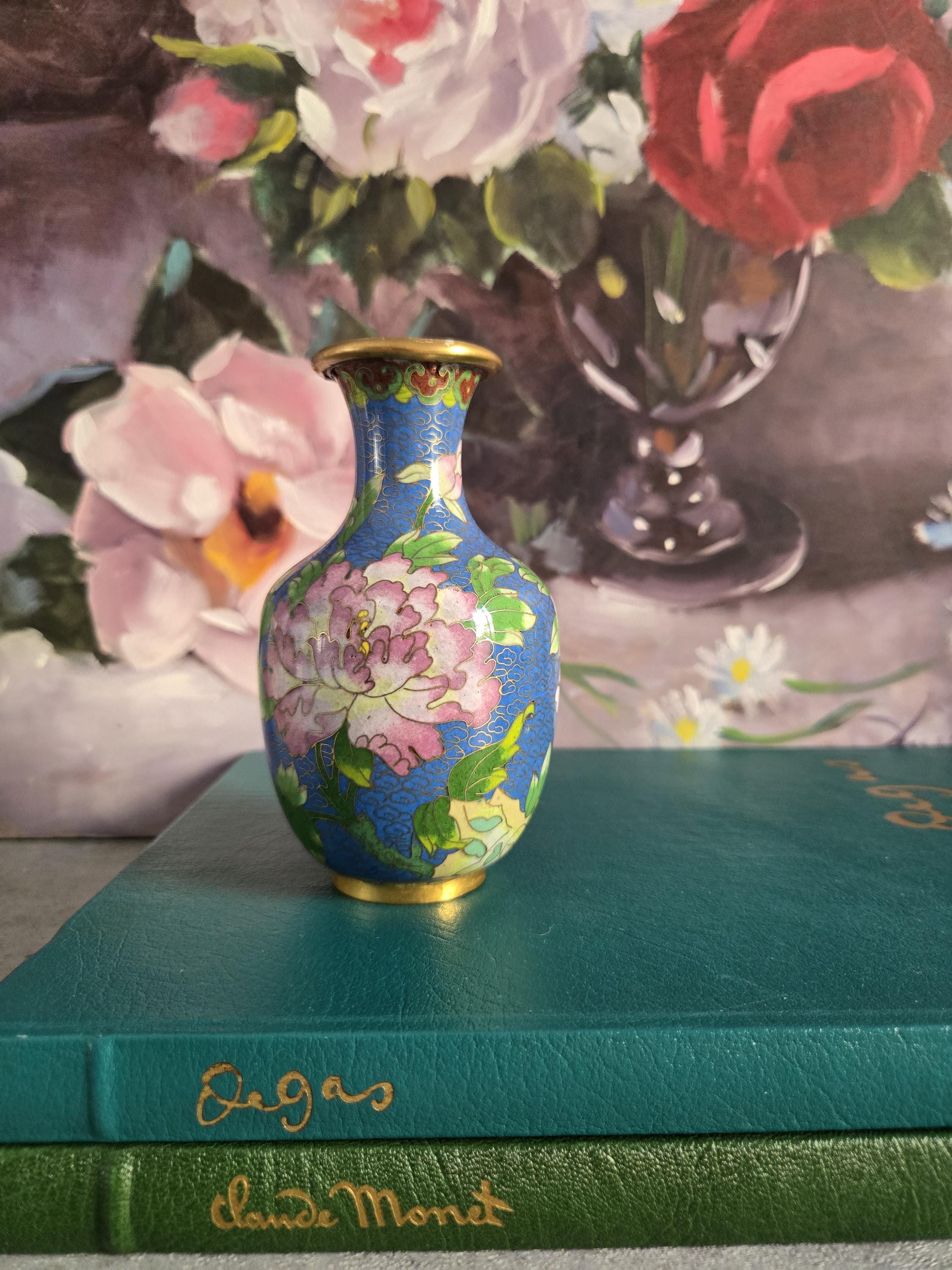 Vintage Cloisonne Vase -  Blue, Pink, Green Floral Small Asian Vase, Grandmillennial Decor Style