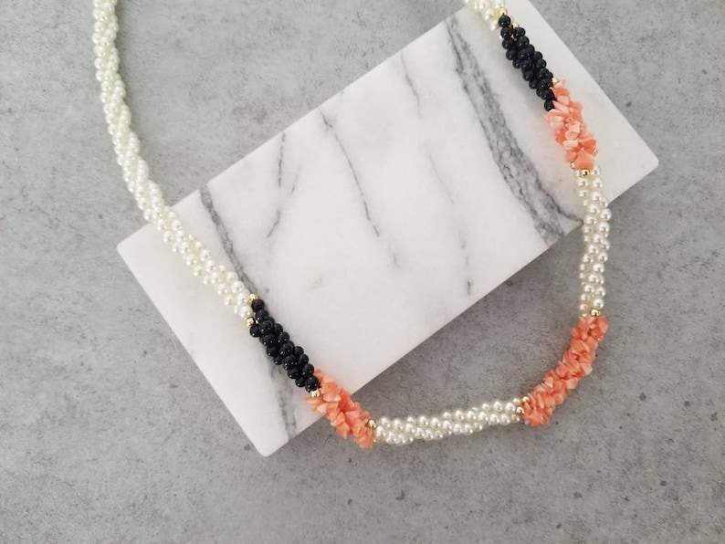 Long Statement Necklace Twisted Black Beads Gold and Coral Strands Bridal Pearl Necklace Vintage Pearl /& Coral Necklace