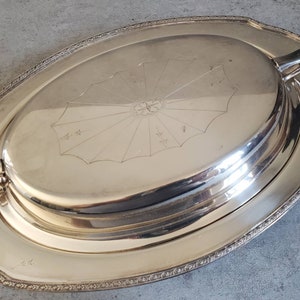 Oval Silver Plated Covered Entree Serving Bowl - Art Deco Casserole with Lid -Dish with Ornate Cover Silveplated Bread Platter Fruit Tray