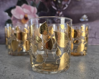 George Briard Golden Leaf Rocks Glasses 8 -  Old Fashioned Whiskey Glasses, 22k Gold Vintage Drinkware, Mid-Century Modern Barware MCM