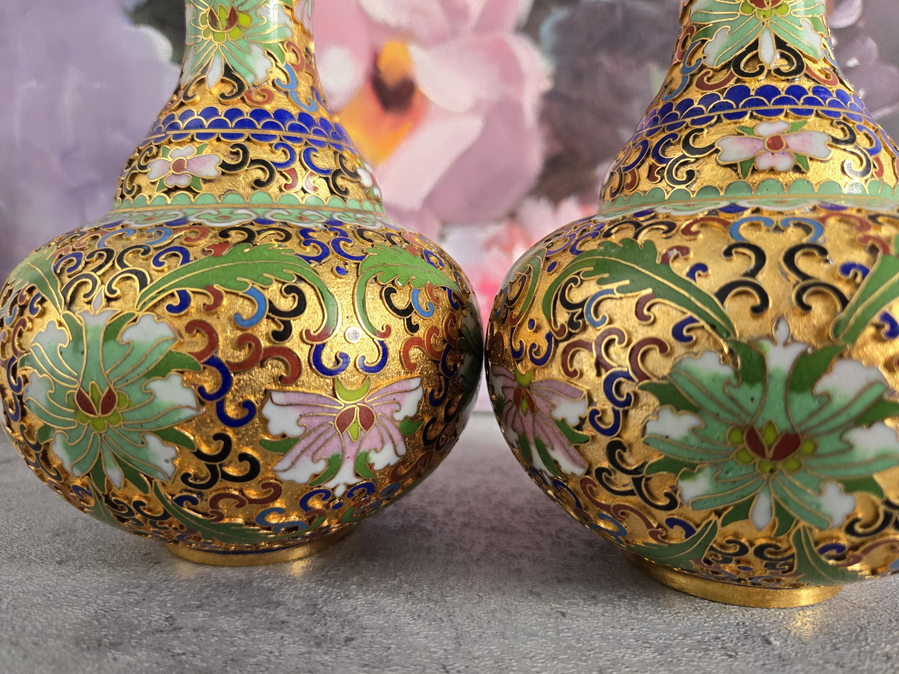 Chinese Cloisonne Vases- Pair of Vintage Asian Decorative Gold