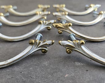 French Provincial Dresser Pulls - Gold, White Vintage Drawer Pulls Set of 8, Scroll Motif Cabinet Hardware