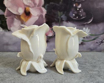 Lenox Rose Candlesticks -Vintage White Porcelain Small Pair of Candle Holders, Floral Design