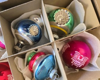 Shiny Brite Box of 12 Christmas Tree Glass Ornaments - Vintage Multi-Color Hand Painted Christmas Decorations Globes