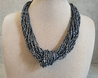 Vintage Micro Beaded Necklace with Ornate Clasp - Knot Metalic Gray Multi Strands Glass Beads,  Collar