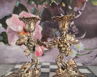 Arthur Court Candlesticks -Vintage Grape Leaf Candleholder Set, Silver-Tone Candle Holder, Thanksgiving Table Decor