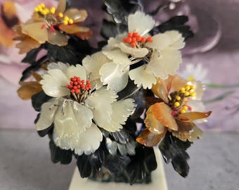 Vintage Floral Sculpture With Carved Base - Jade Flowers and