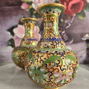 Chinese Cloisonne Vases-  Pair of Vintage Asian Decorative Gold Pink Blue Gold Floral Vases, Enamel Chinoiserie