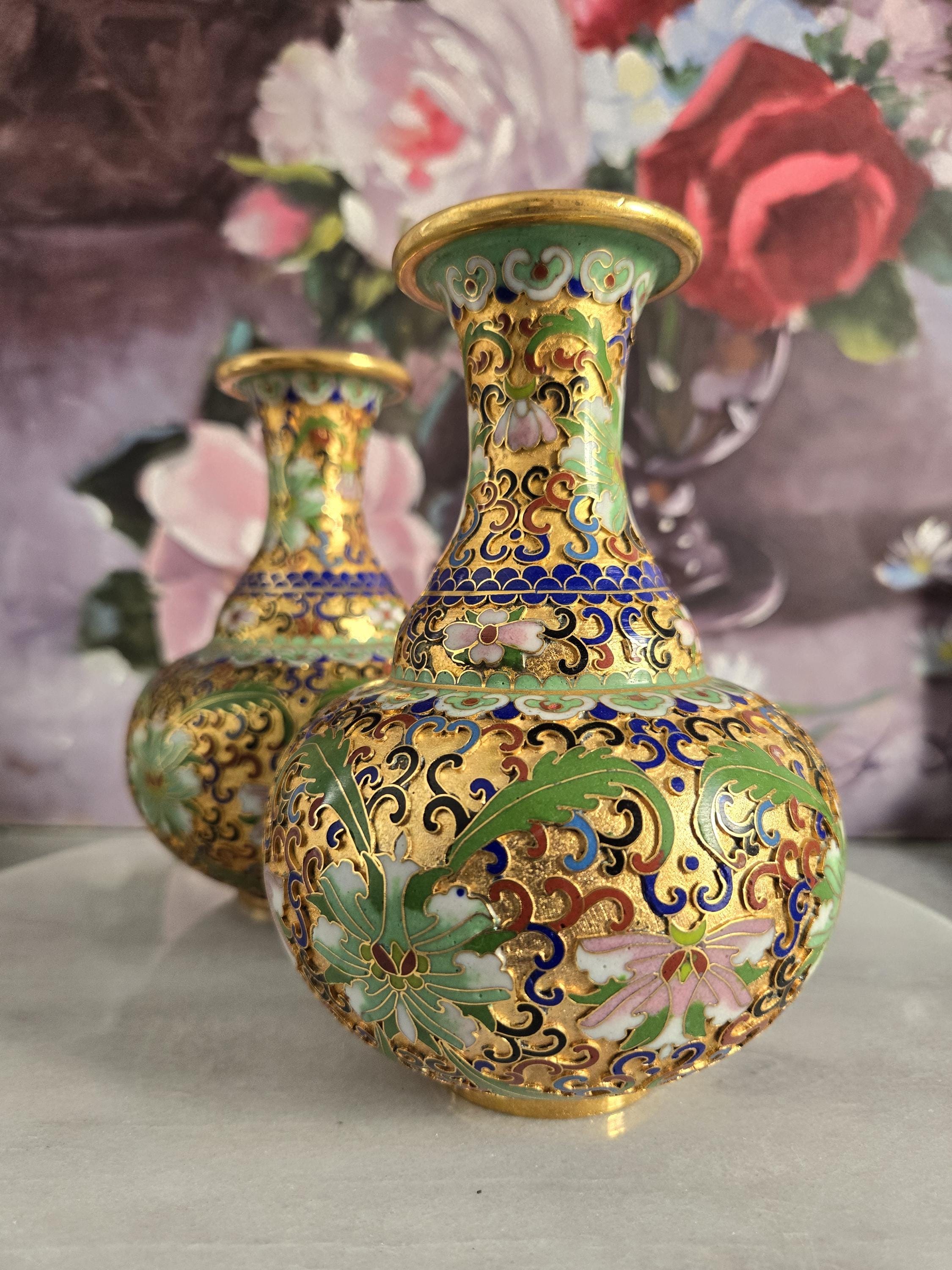 Chinese Cloisonne Vases- Pair of Vintage Asian Decorative Gold