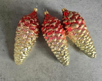 Christmas Pine Cones Glass Ornaments -  Vintage Ornaments, Set of 3, Large Red Gold Glitter Christmas Tree Decorations