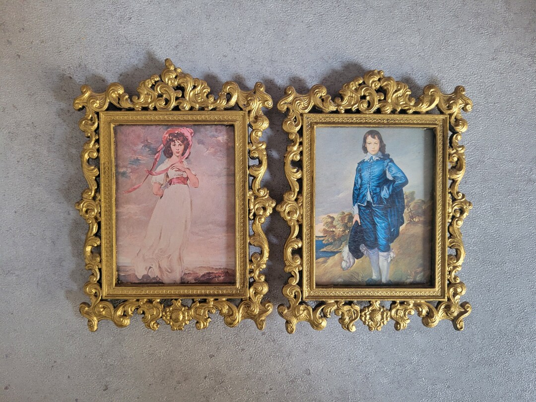Vintage Italian Wall Art Set of Two Small Baroque Gold Metal Frame