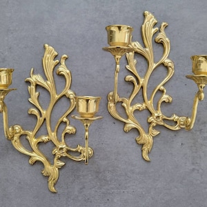 Vintage Pair of Wall Sconces - Ornate Brass Dual Arm Candle Holders, Decorative Home Decor Accent, Scroll Motif