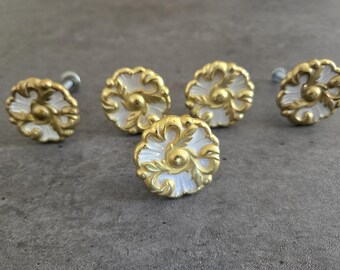 French Provincial Dresser Pulls - Round Gold, White Vintage Drawer Pulls Set of 5, Scroll Motif Cabinet Hardware
