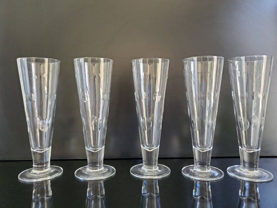 Footed Pilsner Beer Glasses Set of 5 Mid-century Modern Pint Crystal Cut  Tall Glasses, Vintage Set Drinkware, MCM Barware, Gift for Dad 